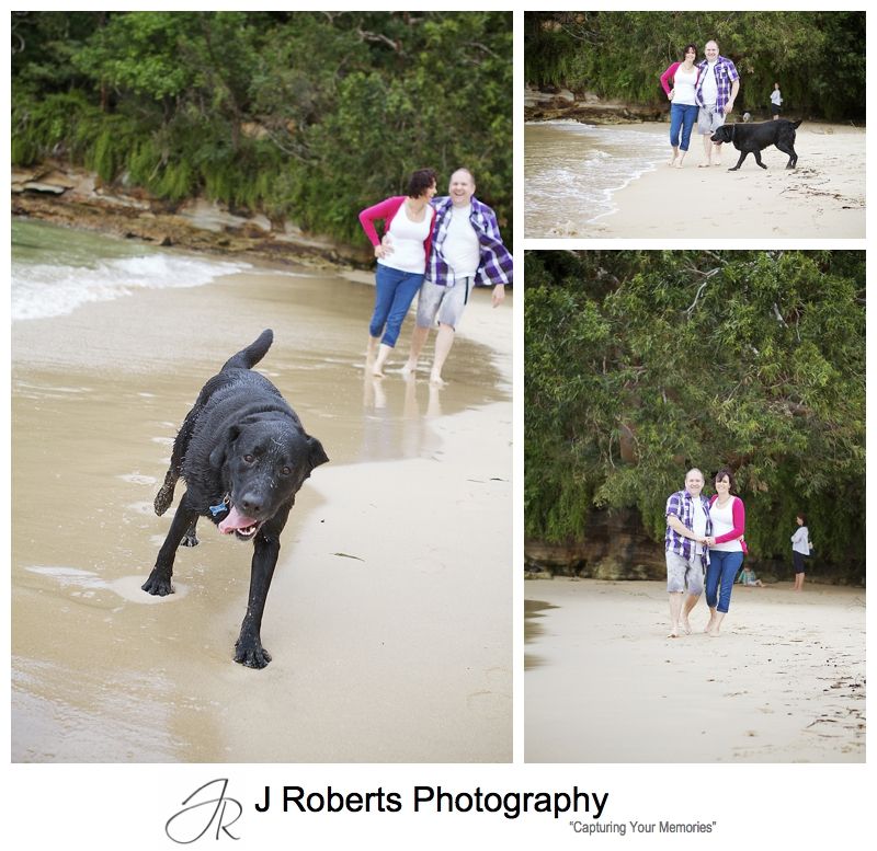 Couple walking along the beach with their dog - sydney family portrait photographer